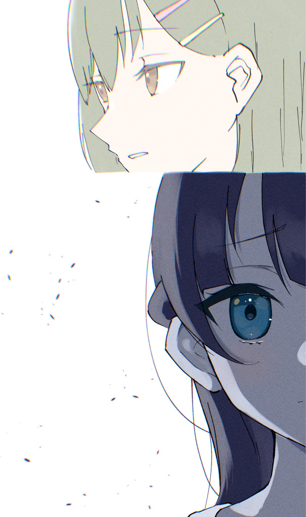 syoma (1026syoma), murano sayaka, ogami sachi, link! like! love live!, love live!, commentary request, highres, 2girls, blue eyes, blue hair, brown eyes, chromatic aberration, green hair, hair ornament, hairclip, half updo, multiple girls, parallel hairclips, parted lips, raised inner eyebrows, simple background, thumbnail collage, virtual youtuber, white background