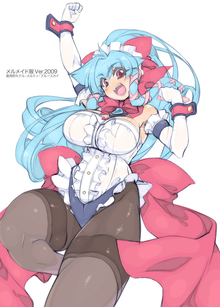 mel/a, melmaid, original, bad id, bad pixiv id, 1girl, blue hair, breasts, elbow gloves, female focus, frills, gloves, huge breasts, large breasts, legs, long hair, maid, maid headdress, muscular, open mouth, pantyhose, plump, ponytail, red eyes, ribbon, sidelocks, solo, thick thighs, thighs