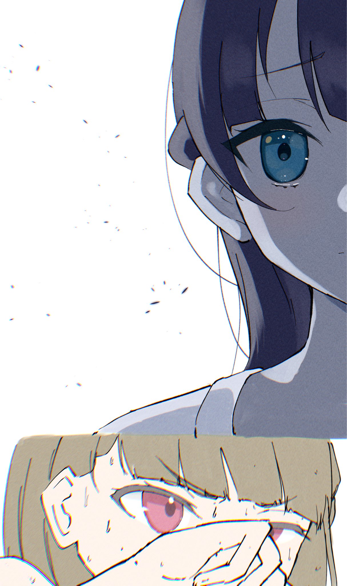 syoma (1026syoma), kachimachi kosuzu, murano sayaka, link! like! love live!, love live!, commentary request, highres, 2girls, blue eyes, blue hair, brown hair, chromatic aberration, half updo, multiple girls, pink eyes, shirt, simple background, sweat, thumbnail collage, v-shaped eyebrows, very sweaty, virtual youtuber, white background, white shirt