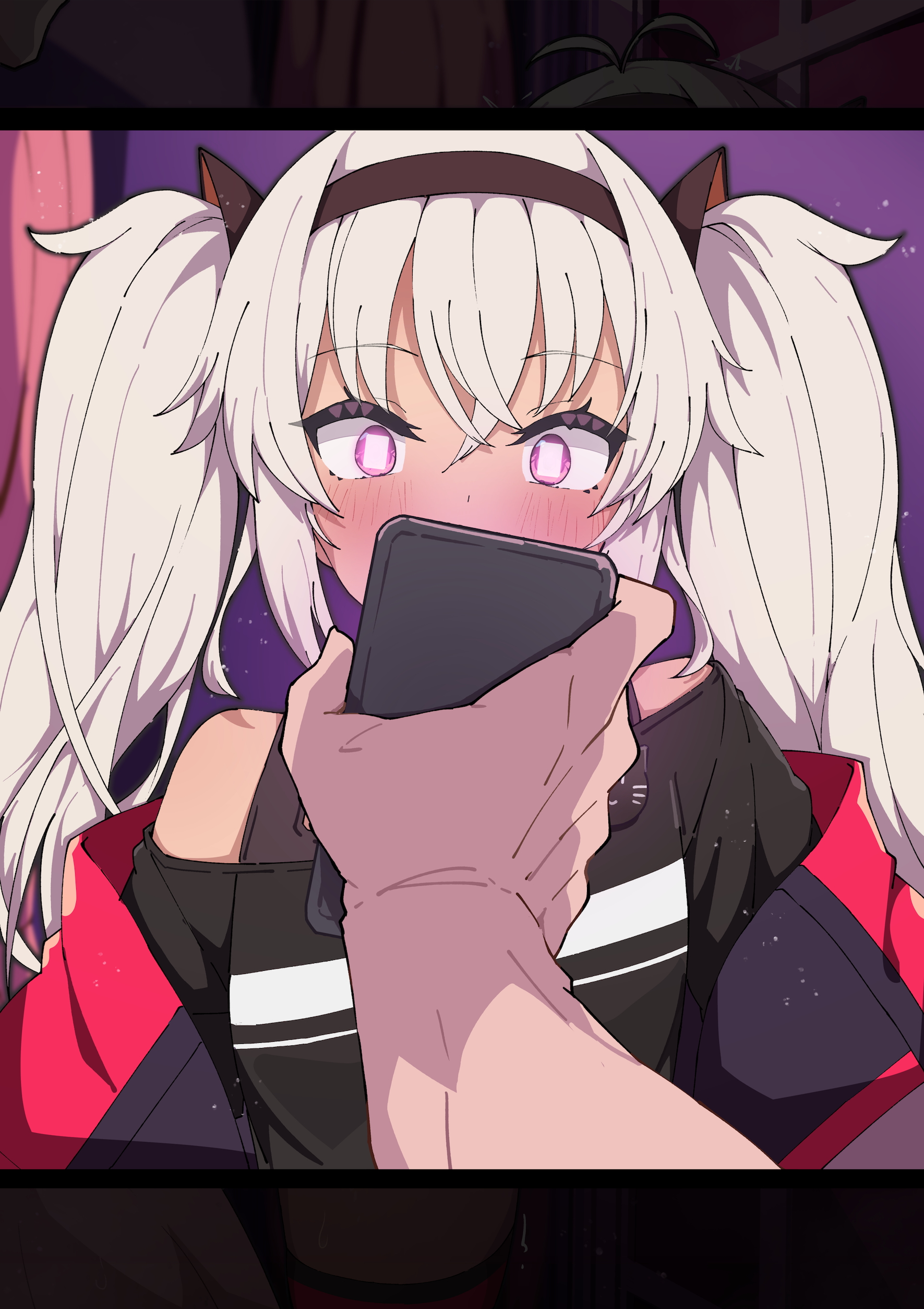 jon (pixiv31559095), original, absurdres, commentary request, highres, paid reward available, 1girl, blush, cellphone, hairband, hypnosis app, long hair, phone, twintails, white hair