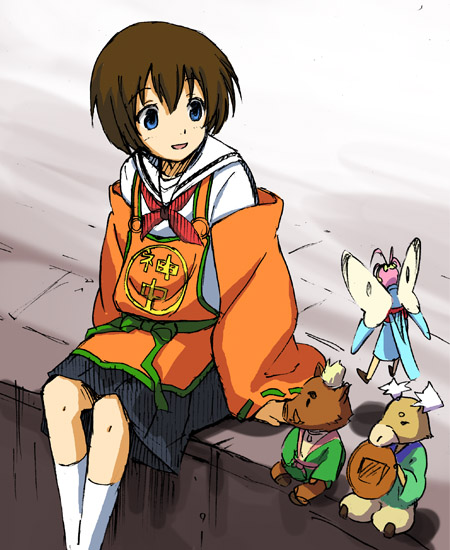 shiki16n, hitotsubashi yurie, kamichu!, bad id, bad pixiv id, 00s, blue eyes, brown hair, child, fairy, japanese clothes, mini person, minigirl, short hair, sitting