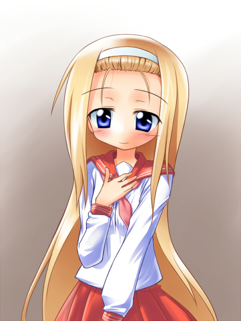 minegishi ayano, kadokawa shoten, lucky star, 00s, blonde hair, blue eyes, hairband, long hair, school uniform, serafuku, simple background, solo