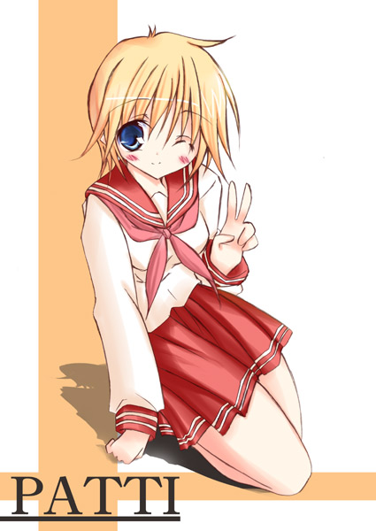 patricia martin, lucky star, non-web source, 00s, 1girl, blonde hair, blue eyes, character name, female focus, kneeling, one eye closed, school uniform, serafuku, short hair, solo, v, wink