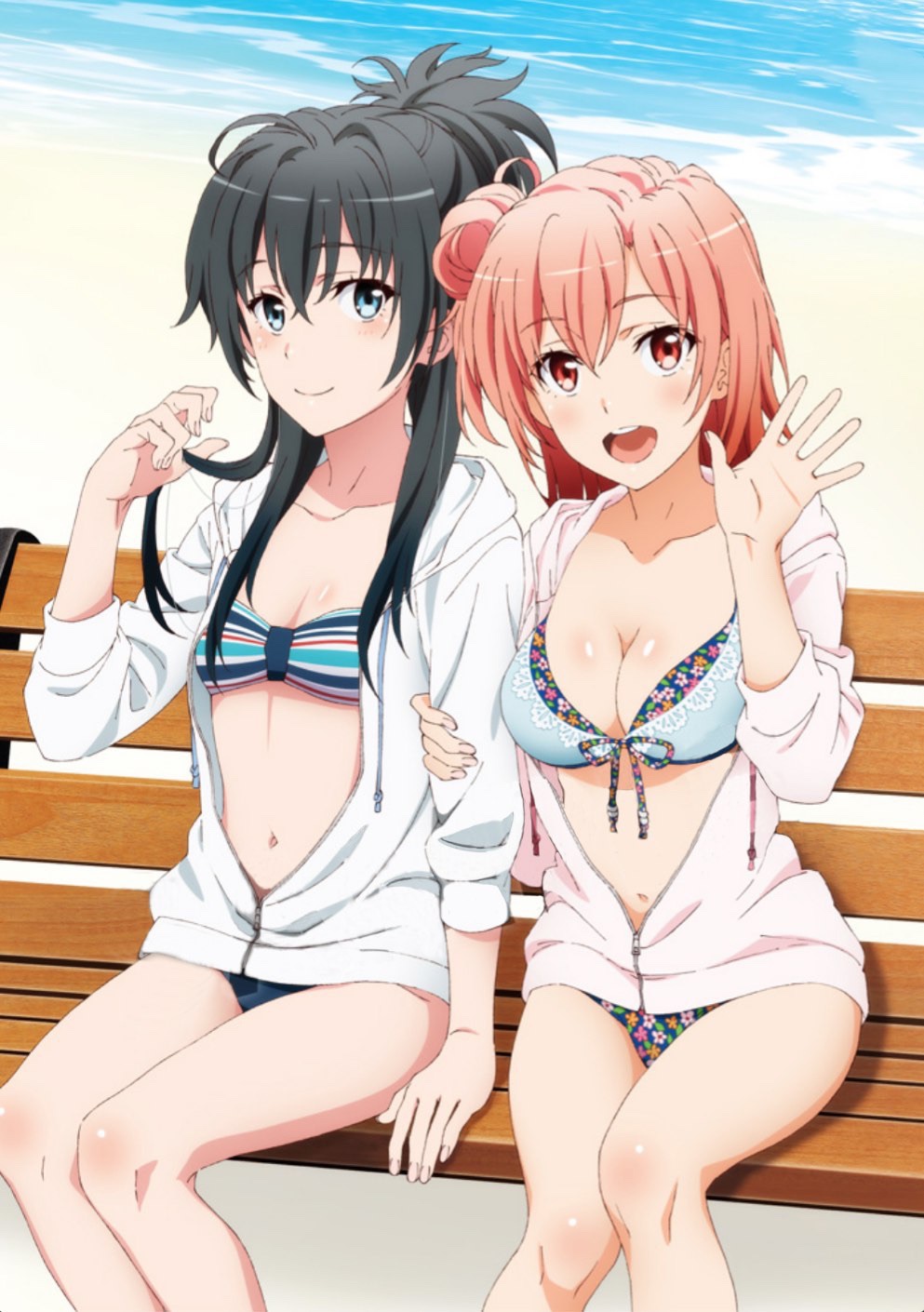 yuigahama yui, yukinoshita yukino, yahari ore no seishun lovecome wa machigatteiru., artist request, highres, official art, 2girls, beach, bench, bikini, black hair, blue eyes, breasts, cleavage, closed mouth, fingernails, floral print, front-tie bikini top, front-tie top, hair bun, hood, hoodie, long hair, looking at viewer, medium breasts, medium hair, multiple girls, navel, ocean, on bench, open clothes, open hoodie, open mouth, outdoors, park bench, pink hair, red eyes, sitting, small breasts, smile, summer, swimsuit, teeth, upper teeth only, waving