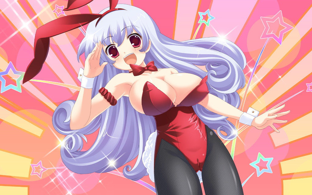marginal skip, game cg, non-web source, 1girl, animal ears, blue hair, breasts, cameltoe, covered erect nipples, fake animal ears, female focus, fishnet pantyhose, fishnets, large breasts, long hair, pantyhose, playboy bunny, rabbit ears, red eyes, salute, solo, wrist cuffs