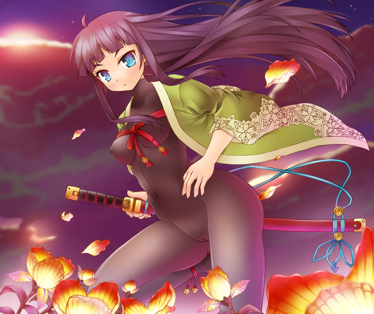 10t, totte, ran (7th dragon), samurai (7th dragon), 7th dragon, 7th dragon (series), bad id, bad pixiv id, 1girl, black hair, blue eyes, bodysuit, breasts, cameltoe, female focus, flower, katana, latex, long hair, purple hair, skin tight, solo, sword, weapon