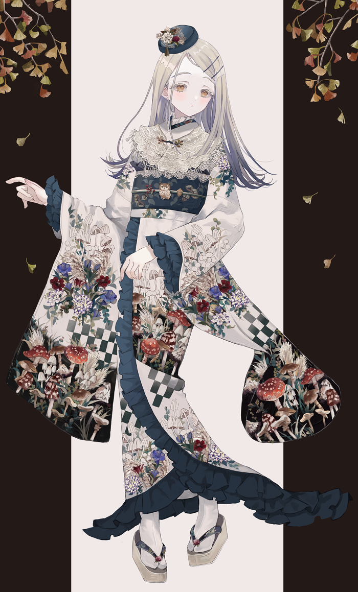 oden100, shinosawa hiro, gakuen idolmaster, idolmaster, commentary, symbol-only commentary, 1girl, beret, blonde hair, blue hat, blush, brown background, colored eyelashes, earrings, falling leaves, flipped hair, floral print, floral print kimono, food print, frilled kimono, frills, full body, furisode, gradient hair, grey hair, hair ornament, hairclip, hat, japanese clothes, jewelry, kimono, leaf, long hair, long sleeves, looking at viewer, multicolored hair, mushroom print, obi, obiage, obijime, okobo, open clothes, open kimono, orange eyes, parallel hairclips, parted bangs, parted lips, pigeon-toed, platform sandals, print kimono, sandals, sash, socks, solo, standing, stud earrings, tabi, two-tone background, white background, white socks, wide sleeves