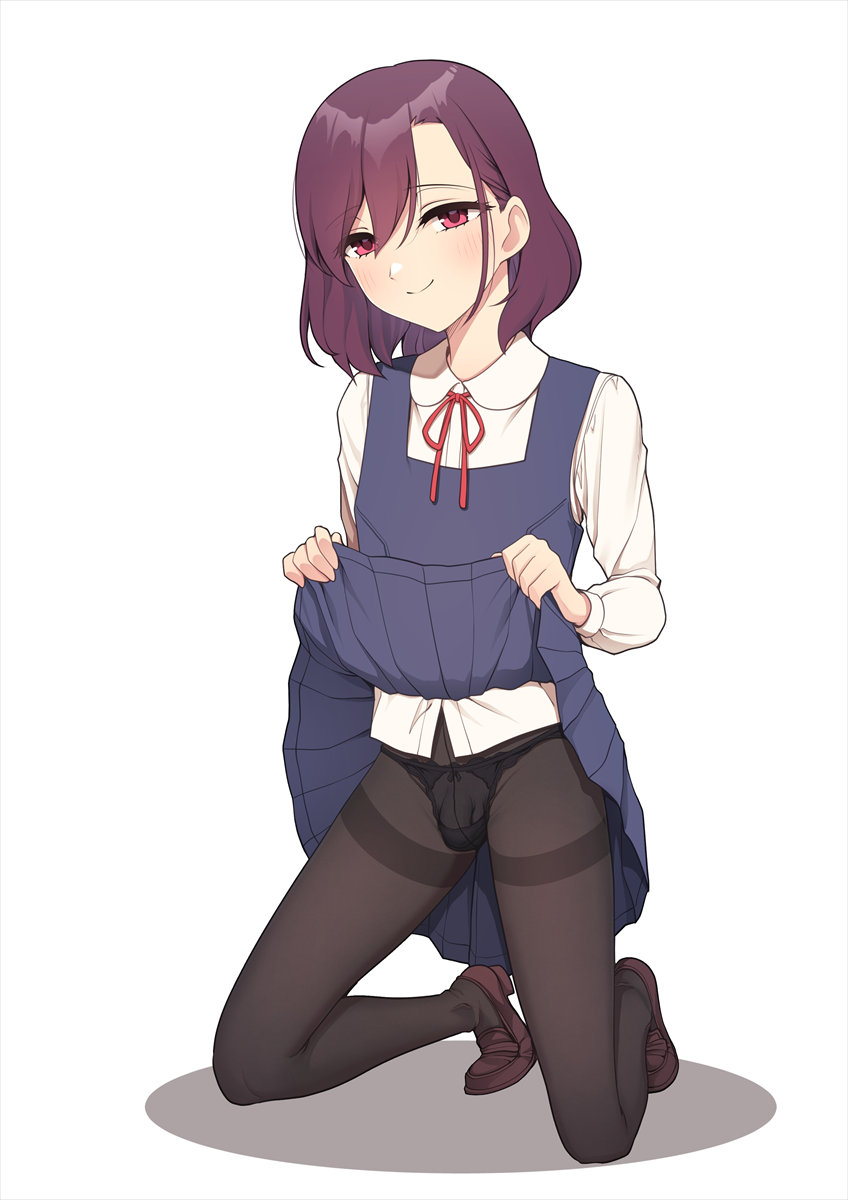 hokuro ryuuseigun, student council president (hokuro ryuuseigun), original, highres, 1boy, black pantyhose, blue dress, blush, brown pantyhose, brown shoes, bulge, closed mouth, clothes lift, collared shirt, crossdressing, crossdressing (mtf), dress, dress lift, hair between eyes, lifting own clothes, loafers, looking at viewer, male focus, pantyhose, pinafore dress, pleated dress, purple hair, red ribbon, ribbon, school uniform, shirt, shoes, short hair, simple background, sleeveless, sleeveless dress, smile, solo, thighband pantyhose, trap, white background, white shirt