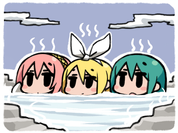 chan co, hatsune miku, kagamine rin, megurine luka, vocaloid, 3girls, aqua hair, blush, chibi, multiple girls, onsen