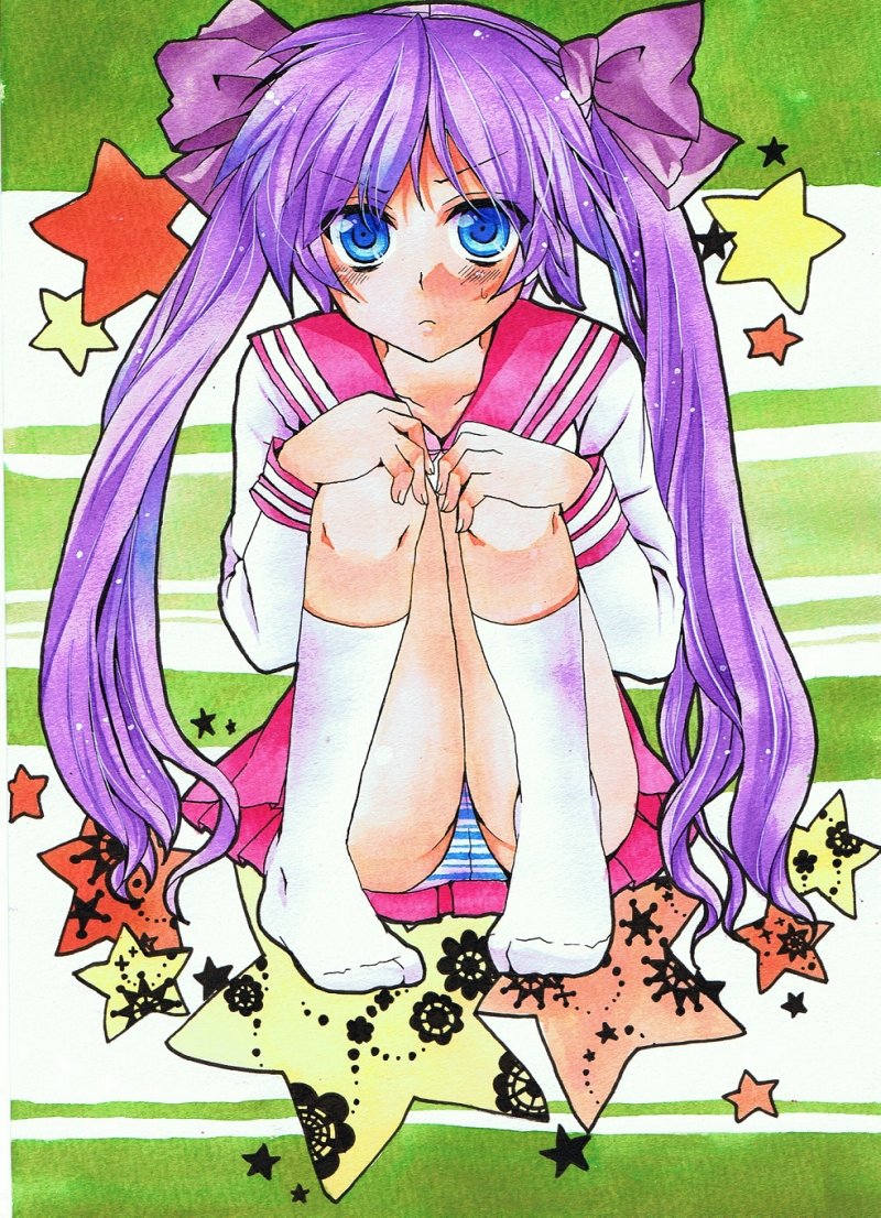 n-mix, hiiragi kagami, lucky star, 00s, 1girl, blue eyes, blunt bangs, blush, feet, female focus, frown, hair ornament, hair ribbon, hime cut, hugging own legs, long hair, miniskirt, panties, pantyshot, pleated skirt, purple hair, ribbon, school uniform, serafuku, sidelocks, sitting, skirt, socks, solo, star (symbol), striped clothes, striped panties, sweat, twintails, underwear