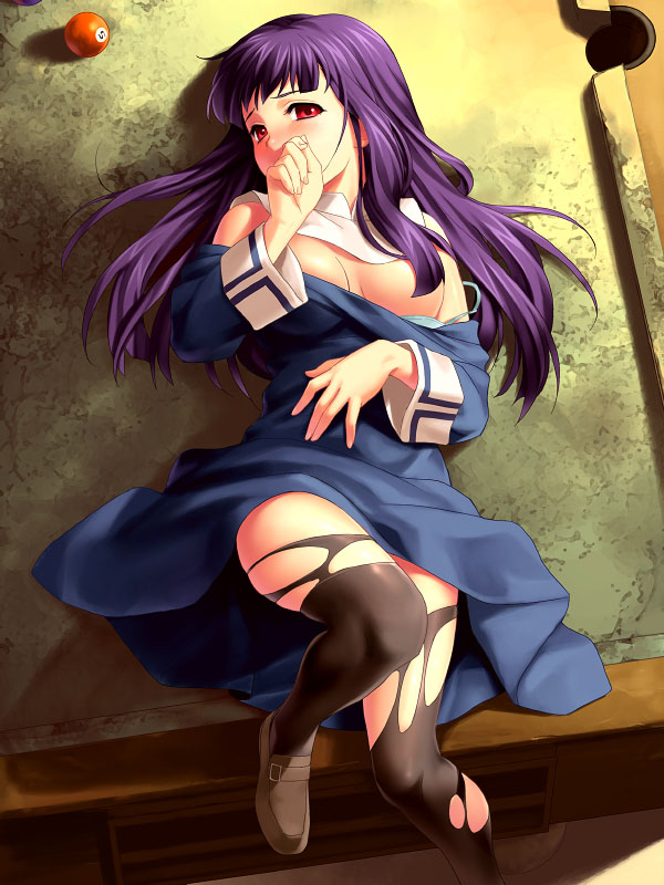 zen, asagami fujino, kara no kyoukai, torn legwear, 1girl, ball, billiard ball, billiards, black pantyhose, blush, clothes pull, covering own mouth, dress pull, female focus, from above, long hair, lying, nun, pantyhose, purple hair, red eyes, reien girl's academy school uniform, school uniform, solo, thighhighs, torn clothes