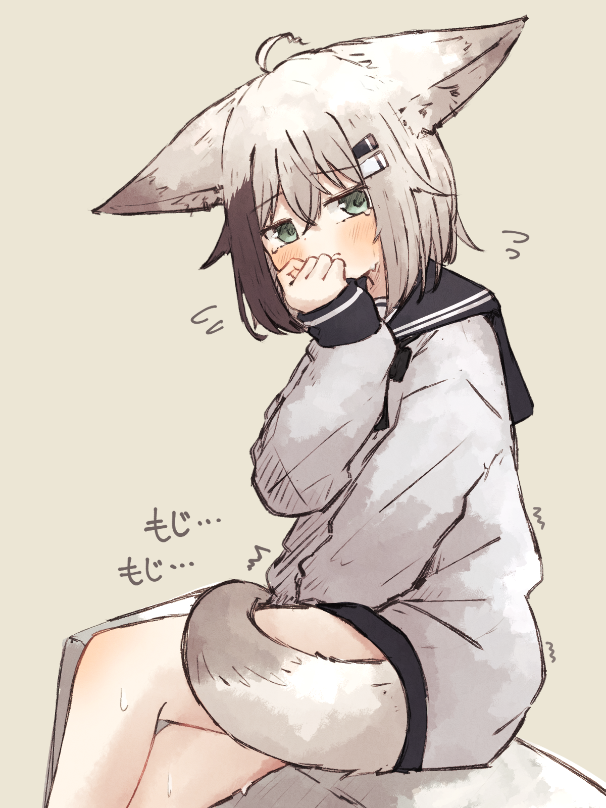 meguru 1225, kuon (meguru 1225), original, commentary request, highres, 1girl, animal ears, between legs, black hair, black sailor collar, blush, closed mouth, fidgeting, flying sweatdrops, fox ears, fox girl, fox tail, green eyes, grey hair, hair ornament, hairclip, hand between legs, have to pee, long sleeves, looking at viewer, parallel hairclips, sailor collar, sailor shirt, shirt, short hair, simple background, sitting, solo, tail, trembling, white shirt