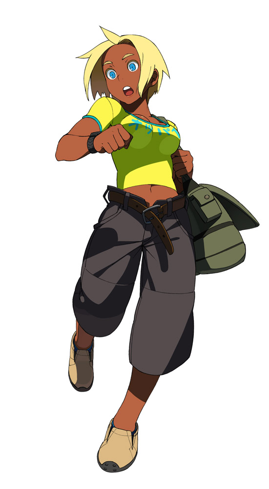 go robots, 1girl, :o, bag, belt, blonde hair, blue eyes, dark-skinned female, dark skin, female focus, midriff, running, short hair, solo, watch, wristwatch
