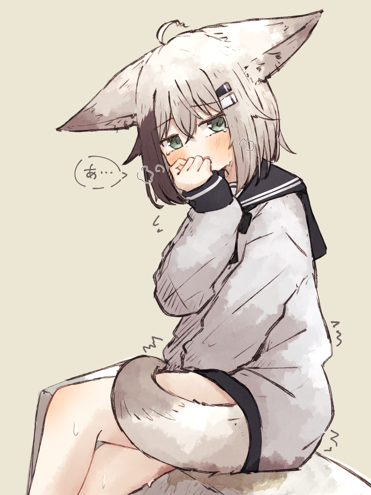 meguru 1225, kuon (meguru 1225), original, commentary request, highres, 1girl, animal ears, between legs, black hair, black sailor collar, blush, fidgeting, flying sweatdrops, fox ears, fox girl, fox tail, green eyes, grey hair, hair ornament, hairclip, hand between legs, have to pee, long sleeves, looking at viewer, open mouth, parallel hairclips, pee, peeing, peeing self, sailor collar, sailor shirt, shirt, short hair, simple background, sitting, solo, tail, trembling, white shirt