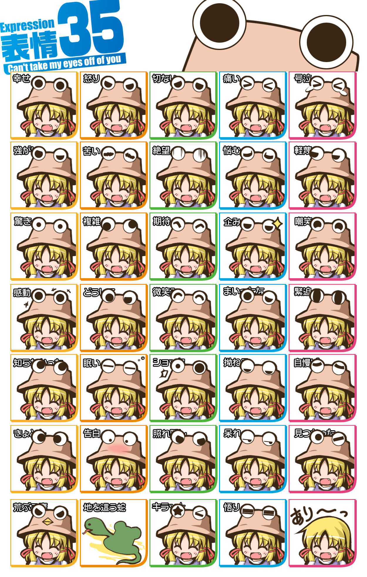 nijiberu, moriya suwako, pyonta, touhou, highres, translation request, 1girl, blonde hair, chart, female focus, hair ribbon, hat, multiple expressions, multiple views, ribbon, short hair, skirt, smile, snake, white background