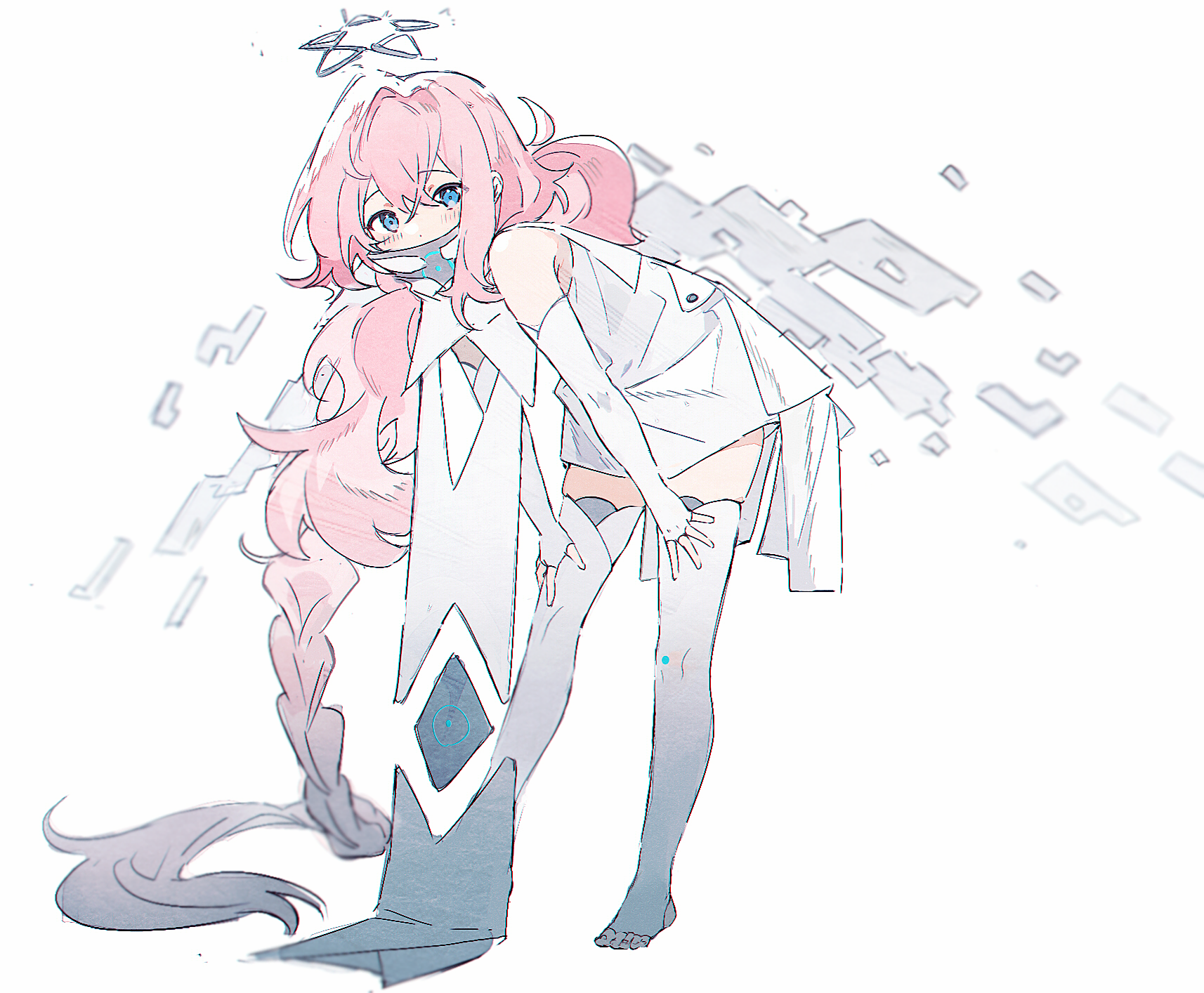 original, chinese commentary, highres, 1girl, absurdly long hair, angel, asymmetrical sidelocks, bare shoulders, blue eyes, braid, covered mouth, crossed bangs, dress, elbow gloves, energy wings, fingerless gloves, full body, gloves, hair between eyes, halo, hands on own thighs, high collar, leaning forward, light blush, long hair, looking at viewer, low-braided long hair, low-tied long hair, pakashan, pink hair, puritan collar, science fiction, short dress, sidelocks, single braid, sleeveless, sleeveless dress, solo, standing, star halo, stirrup legwear, tabard, thighhighs, toeless legwear, toes, very long hair, white dress, white gloves, white halo, white tabard, white thighhighs, white wings, wings