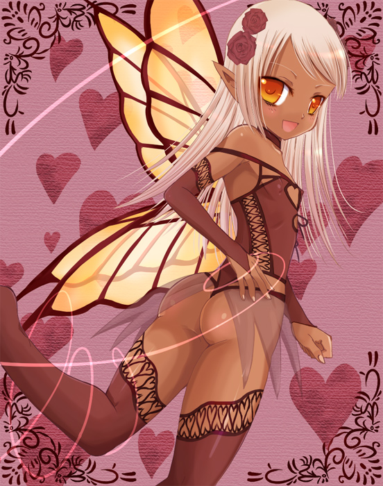 kay, kay (utd), original, lace-trimmed legwear, bad id, bad pixiv id, 1girl, ass, bare shoulders, bridal gauntlets, bustier, butterfly wings, choker, covered erect nipples, dark-skinned female, dark skin, fairy, female focus, flat chest, flower, hair flower, hair ornament, heart, insect wings, lace, lace trim, lingerie, orange eyes, panties, solo, strap slip, thighhighs, thong, underwear, white hair, wings