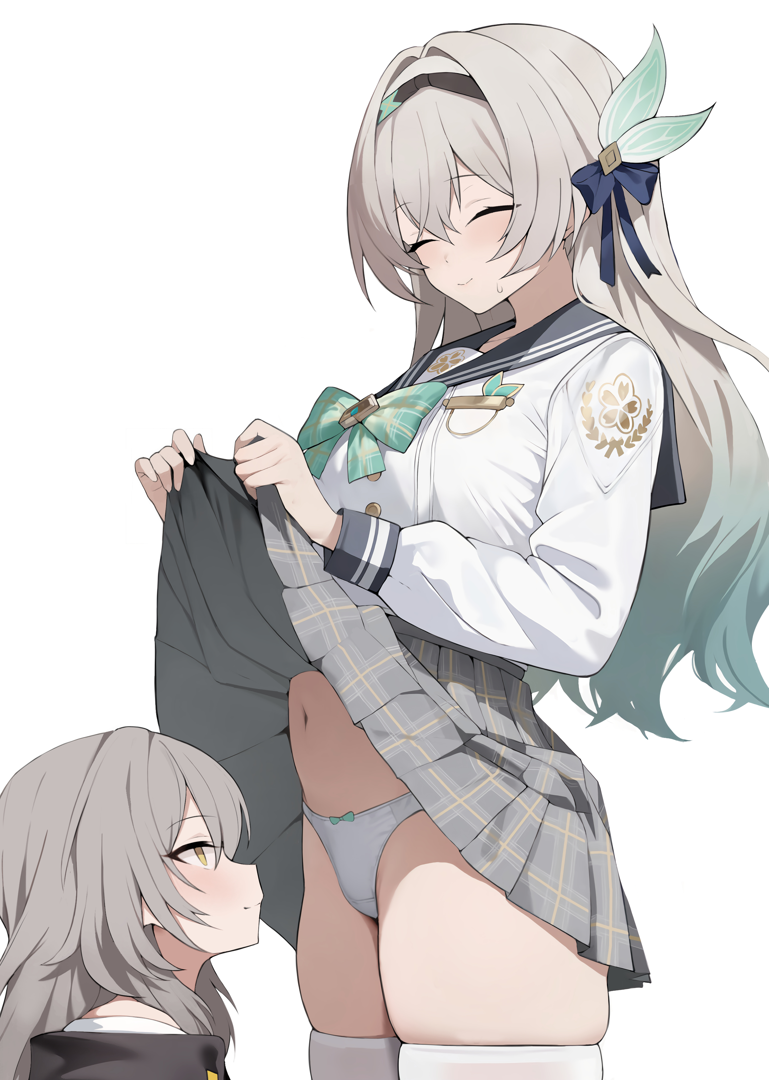 redshark (t373412), firefly (honkai: star rail), firefly (spring missive) (honkai: star rail), stelle (honkai: star rail), trailblazer (honkai: star rail), honkai: star rail, honkai (series), absurdres, highres, variant set, 2girls, aqua bow, aqua bowtie, aqua hair, black hairband, black ribbon, black sailor collar, bow, bowtie, closed eyes, clothes lift, grey hair, grey skirt, hair ribbon, hairband, lifting own clothes, long hair, long sleeves, looking at panties, multiple girls, navel, official alternate costume, panties, ribbon, sailor collar, school uniform, serafuku, simple background, skirt, skirt lift, stomach, thighhighs, thighs, underwear, white background, white panties, white thighhighs