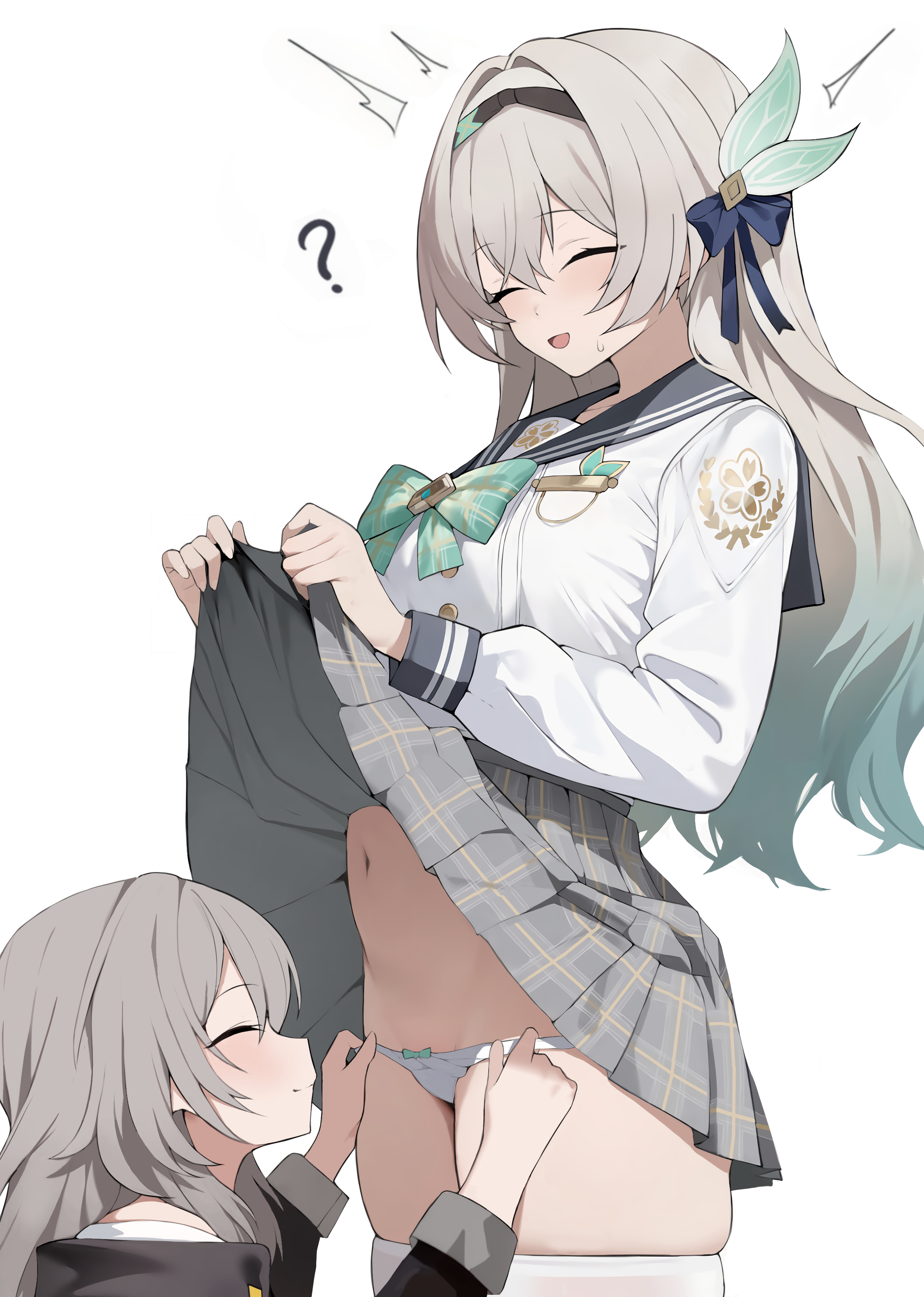 redshark (t373412), firefly (honkai: star rail), firefly (spring missive) (honkai: star rail), stelle (honkai: star rail), trailblazer (honkai: star rail), honkai: star rail, honkai (series), absurdres, highres, variant set, 2girls, ?, aqua bow, aqua bowtie, aqua hair, black hairband, black ribbon, black sailor collar, bow, bowtie, closed eyes, clothes lift, grey hair, grey skirt, hair ribbon, hairband, lifting own clothes, long hair, long sleeves, multiple girls, navel, official alternate costume, panties, ribbon, sailor collar, school uniform, serafuku, simple background, skirt, skirt lift, stomach, thighhighs, thighs, underwear, white background, white panties, white thighhighs