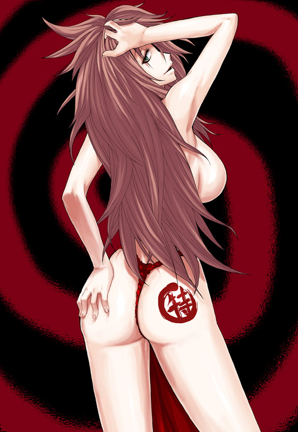ifuji shinsen, pixiv fantasia, pixiv fantasia 3, 1girl, akatsuhara empire, armpits, ass, breasts, female focus, fundoshi, green eyes, huge breasts, japanese clothes, long hair, looking back, red hair, solo, topless female