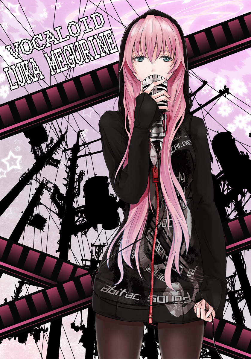 mille (dieci), mirre, megurine luka, vocaloid, highres, 1girl, aqua eyes, character name, copyright name, female focus, green eyes, hood, hoodie, long hair, microphone, pantyhose, pink hair, punk, solo, vintage microphone