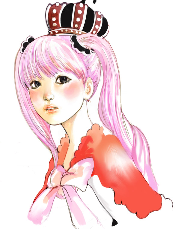 kazaana, perona, one piece, 1girl, black eyes, blush, bow, crown, female focus, lips, long hair, pink hair, portrait, realistic, red crown, shirt, short cape, solo, twintails, upper body, white shirt