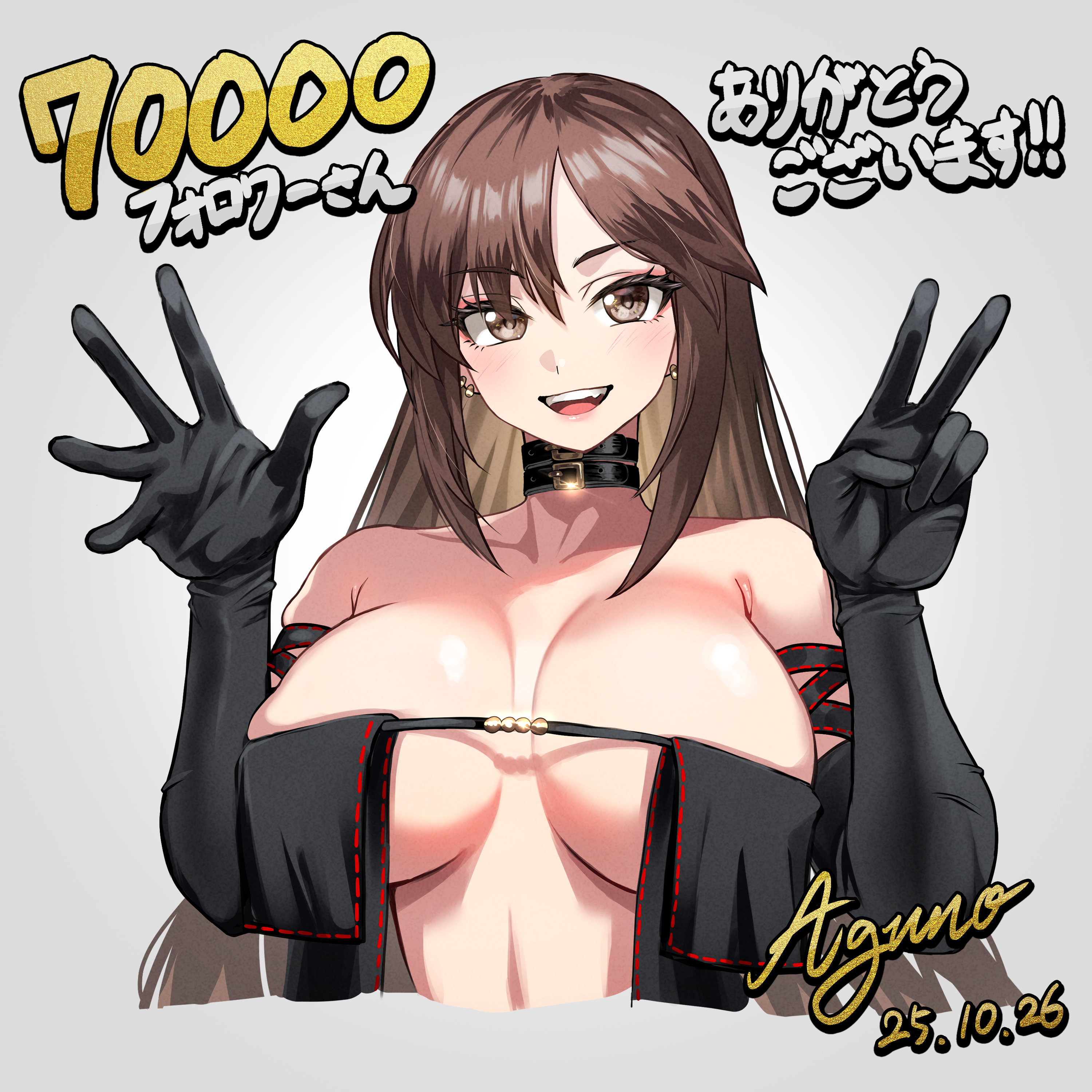 shibao aoyama, yu mei-ren (fate), yu mei-ren (second ascension) (fate), fate/grand order, fate (series), absurdres, highres, translation request, 1girl, arm strap, bare shoulders, black dress, black gloves, blush, breasts, brown hair, center opening, choker, cleavage, dress, earrings, elbow gloves, gloves, jewelry, large breasts, long hair, looking at viewer, open mouth, red eyes, ribbon-trimmed dress, ribbon trim, smile, solo, very long hair