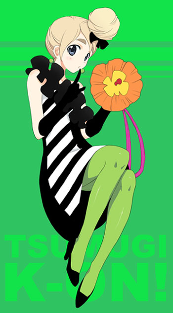 yano takumi, kotobuki tsumugi, don't say "lazy", k-on!, 00s, 1girl, blonde hair, blue eyes, dress, earrings, elbow gloves, female focus, full body, gloves, green pantyhose, hair bun, jewelry, pantyhose, single hair bun, solo