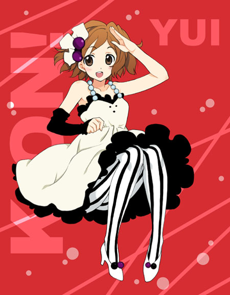 yano takumi, hirasawa yui, don't say "lazy", k-on!, 00s, 1girl, brown eyes, brown hair, female focus, full body, gloves, pantyhose, short hair, single glove, smile, solo, striped clothes, striped pantyhose, vertical-striped clothes, vertical-striped pantyhose