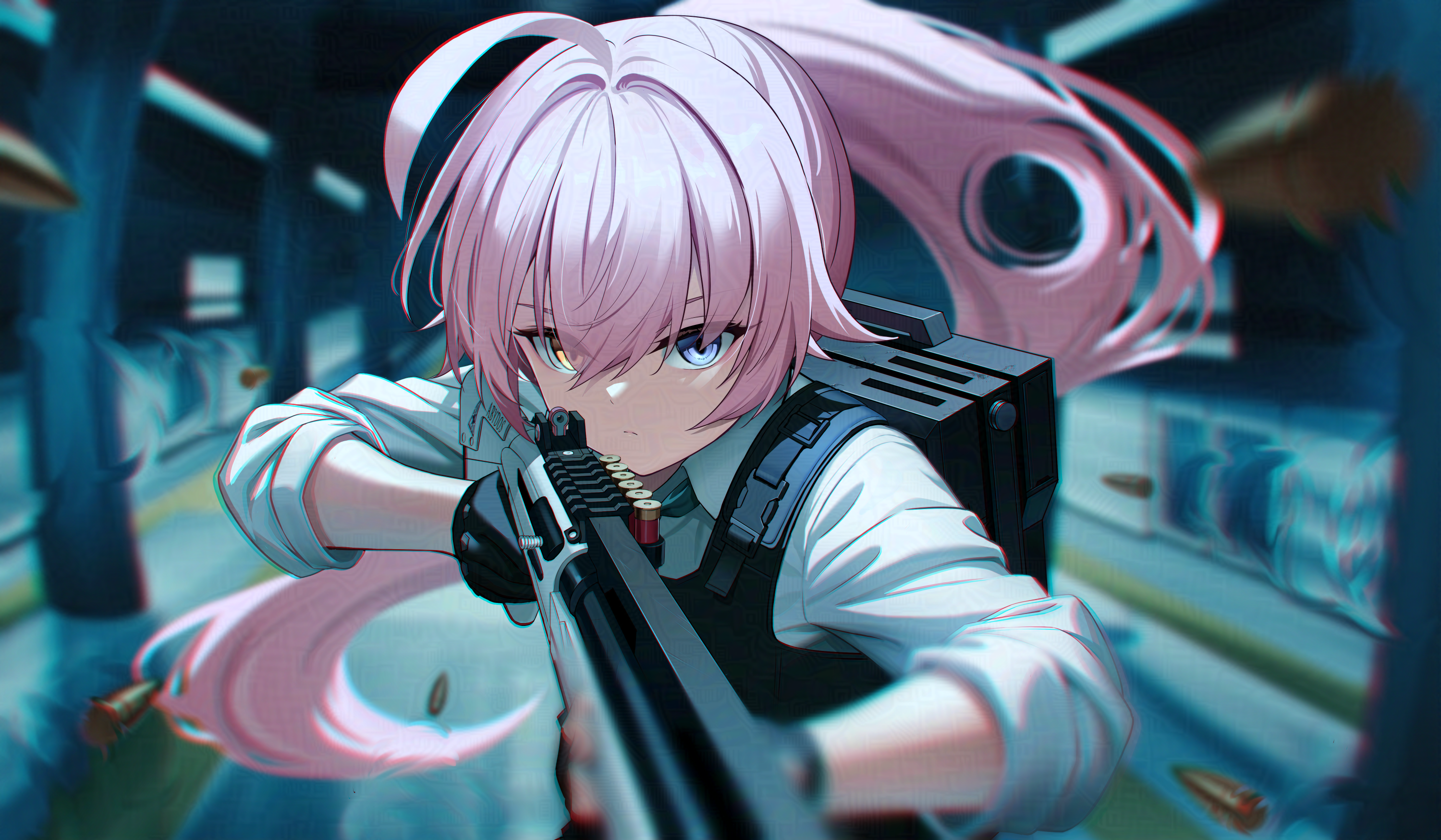 sion (9117), hoshino (armed) (blue archive), hoshino (blue archive), blue archive, adversarial noise, highres, 1girl, ahoge, beretta 1301, black gloves, blue eyes, blurry, bullet, bulletproof vest, depth of field, gloves, gun, hair between eyes, heterochromia, holding, long hair, necktie, pink hair, ponytail, school uniform, serious, shirt, shotgun, skirt, solo, tactical school uniform, weapon, white shirt, yellow eyes