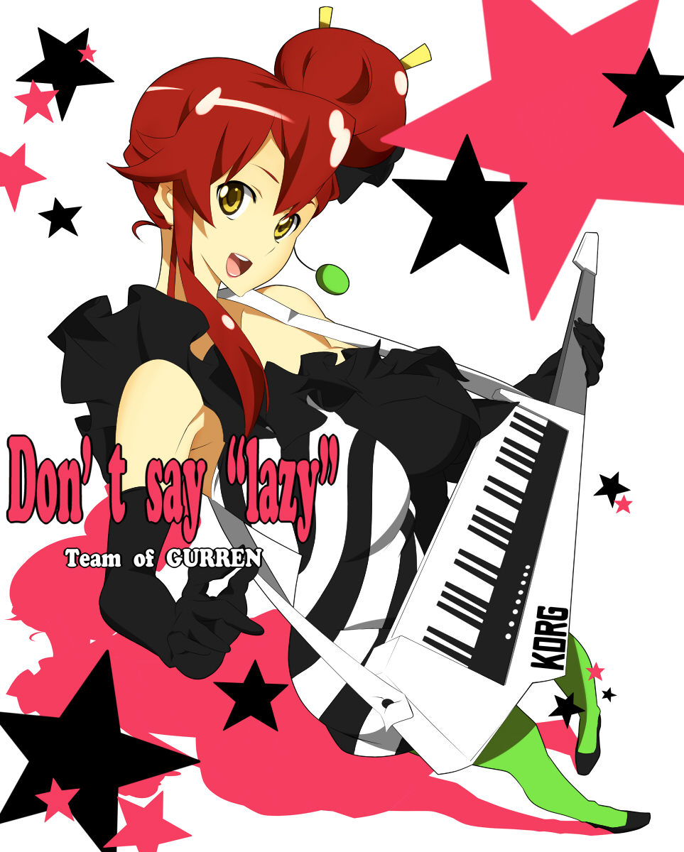nanao (mahaya), kotobuki tsumugi, yoko littner, don't say "lazy", k-on!, tengen toppa gurren lagann, bad id, bad pixiv id, highres, 1girl, breasts, chopsticks, cosplay, dress, earrings, female focus, frills, hair bun, instrument, jewelry, keytar, kotobuki tsumugi (cosplay), large breasts, pantyhose, red hair, single hair bun, smile, solo, star (symbol), yellow eyes