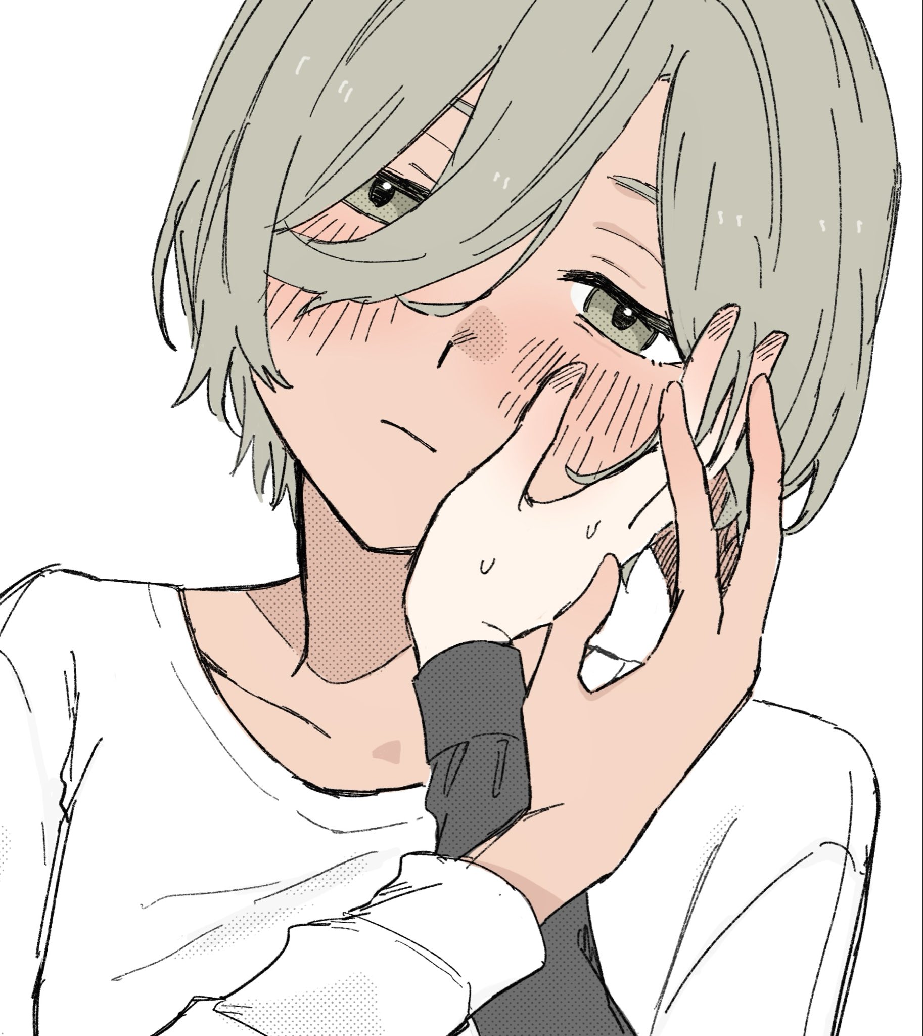 ebizuka tomo, rupa (girls band cry), girls band cry, alt text, commentary request, highres, 2girls, blush, closed mouth, dark-skinned female, dark skin, female pov, green eyes, green hair, hachiware468, hand on another's face, looking at viewer, multiple girls, pov, shirt, short hair, simple background, white background, white shirt, yuri