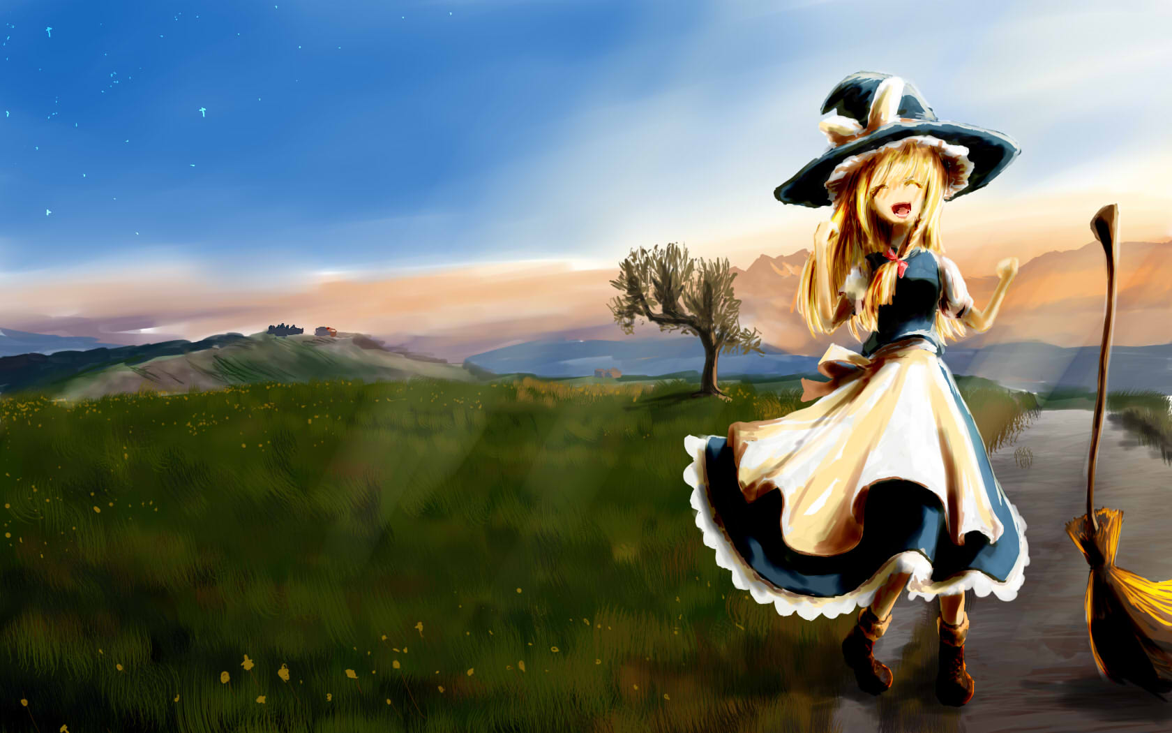 fifiruu, kirisame marisa, the iron of yin and yang, touhou, highres, 1girl, black hat, blonde hair, braid, broom, female focus, hat, nature, outdoors, ribbon, scenery, sky, solo, witch, witch hat