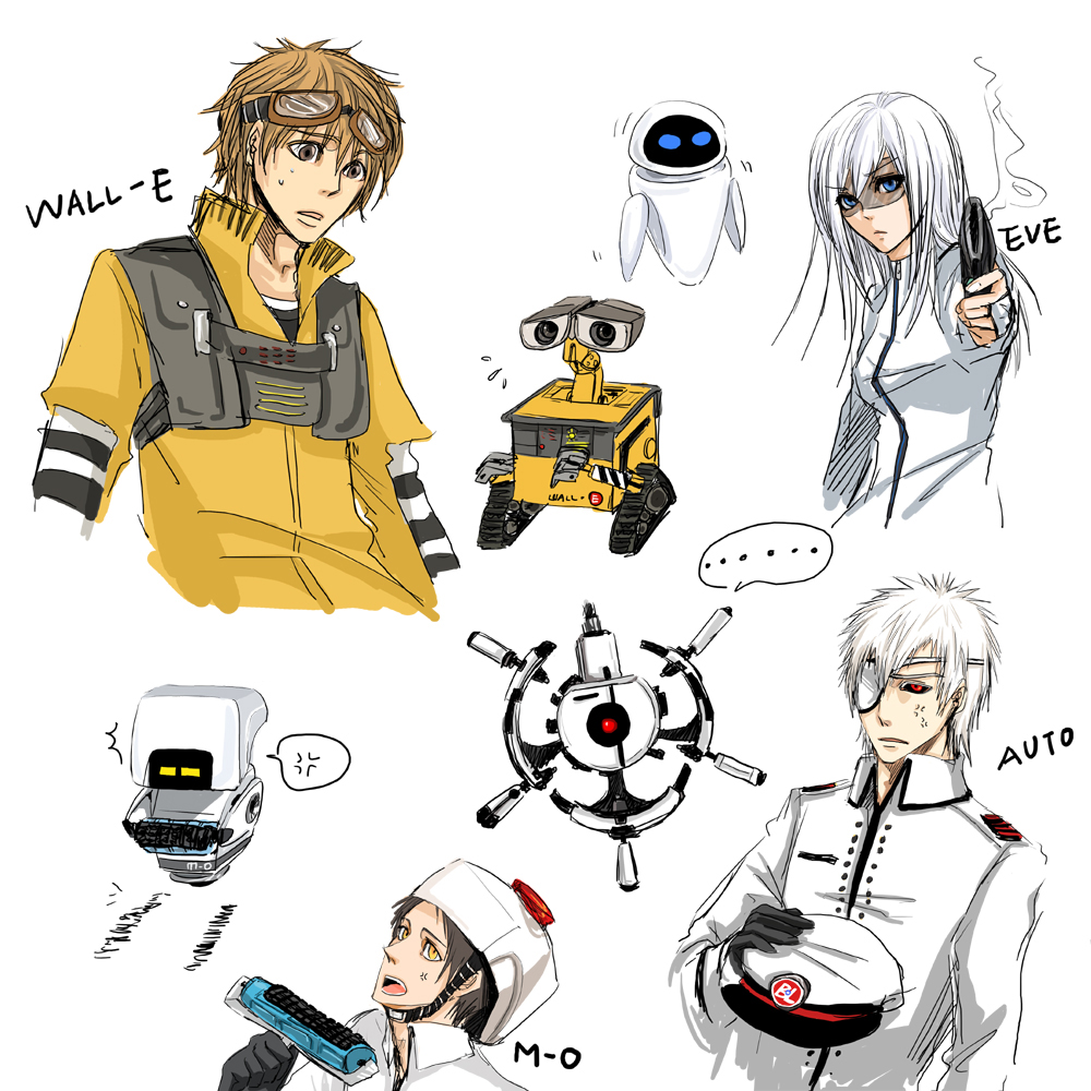 auto, schiffercake, eve (wall-e), m-o, wall-e (character), disney, wall-e, 1girl, 3boys, anger vein, animification, black sclera, blue eyes, brown eyes, brown hair, colored sclera, eyepatch, flying sweatdrops, goggles, gun, hat, long hair, machine, multiple boys, peaked cap, personification, red eyes, robot, short hair, spoken anger vein, sweatdrop, weapon, white hair, yellow eyes