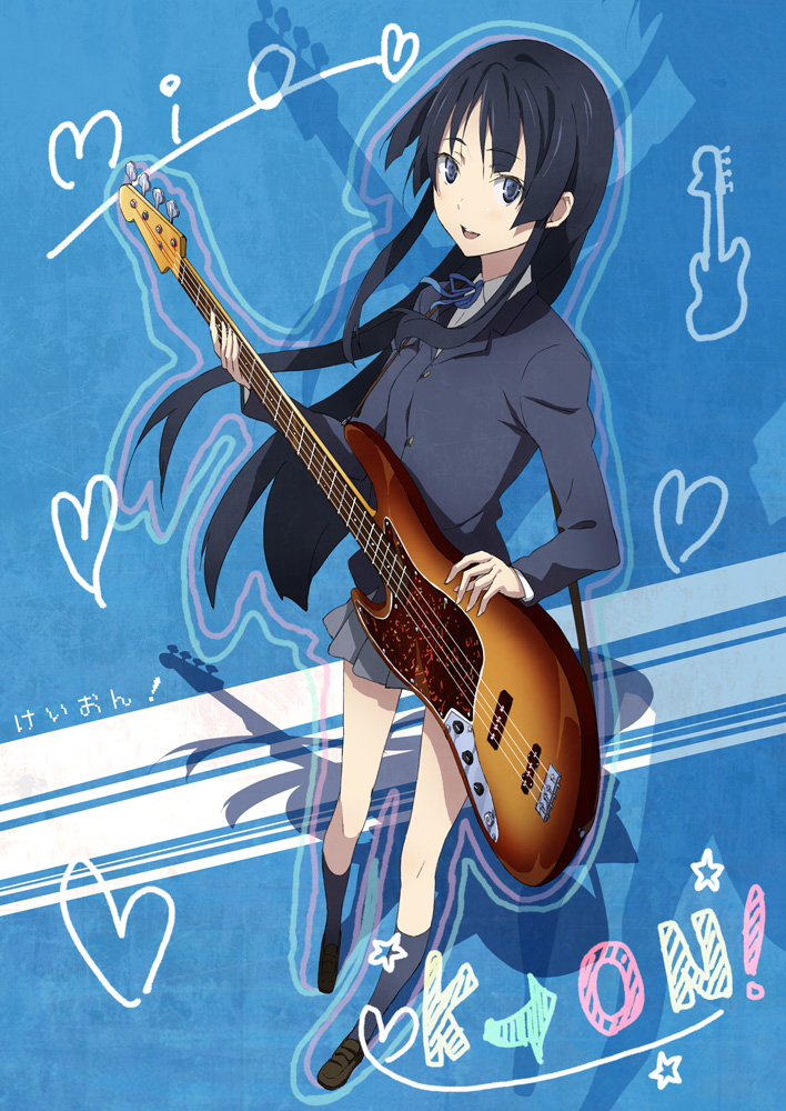 houru, akiyama mio, k-on!, 00s, 1girl, bass guitar, blazer, blue eyes, blue hair, female focus, guitar, heart, instrument, jacket, kneehighs, long hair, matching hair/eyes, school uniform, smile, socks, solo, star (symbol)