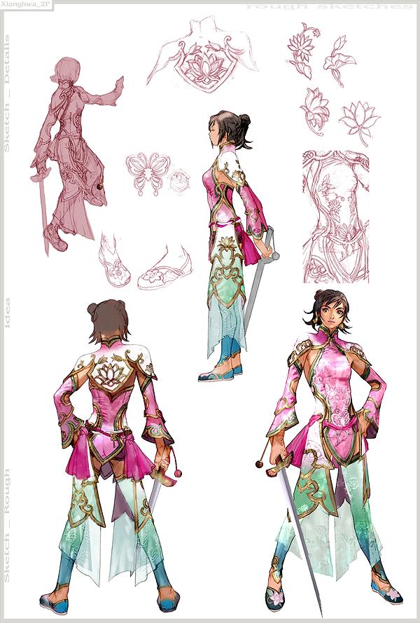 chai xianghua, soul calibur, soulcalibur, soulcalibur iv, concept art, official art, scan, 1girl, alternate costume, chinese clothes, earrings, jewelry, jian (weapon), reference sheet, sword, thighhighs, weapon
