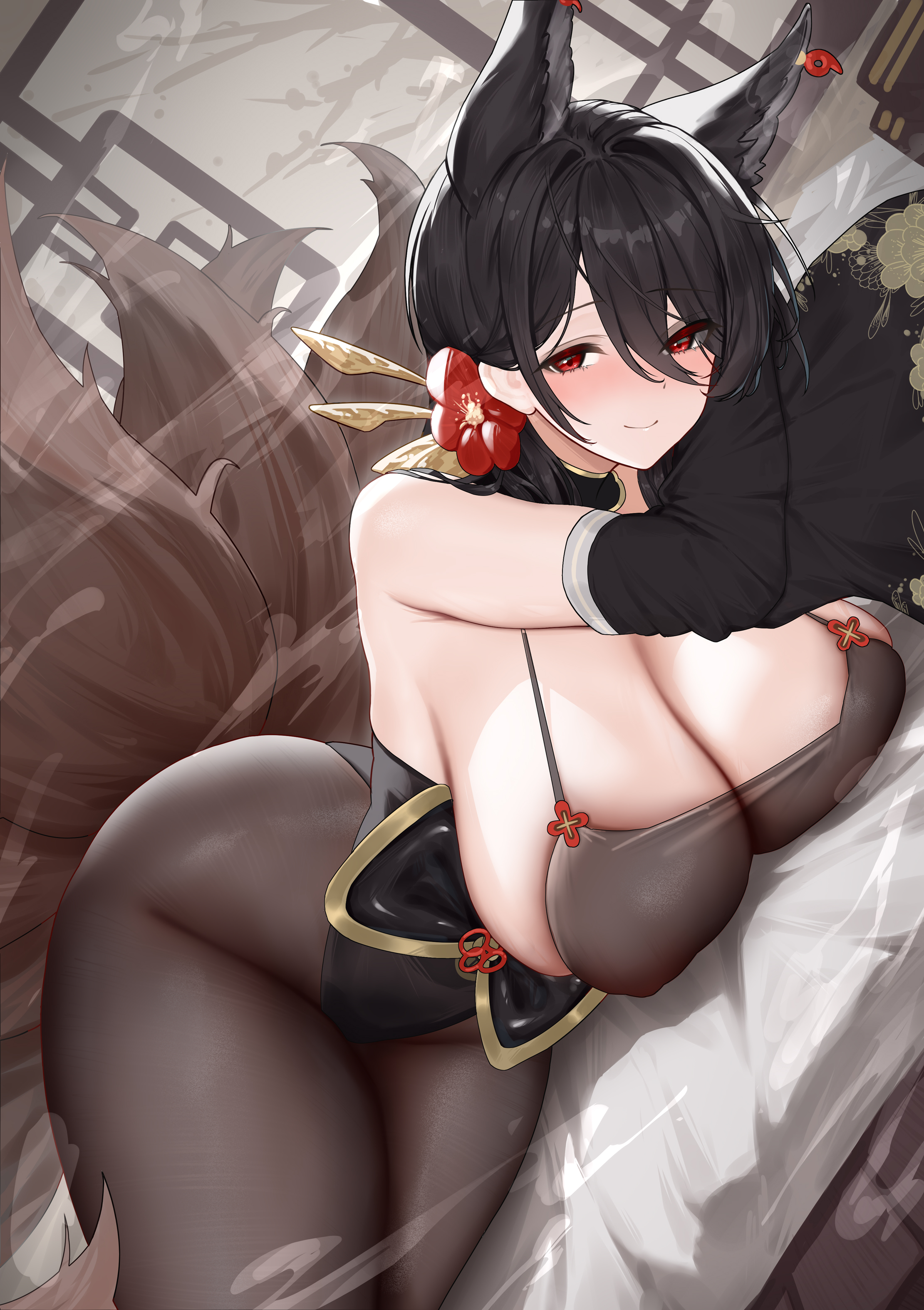 ningri (lianyungangwyz), oumi (azur lane), azur lane, absurdres, chinese commentary, commentary, english commentary, highres, mixed-language commentary, 1girl, animal ears, bare shoulders, black pantyhose, blush, breasts, cleavage, closed mouth, detached sleeves, fox ears, fox girl, fox tail, hair between eyes, hair ornament, large breasts, long hair, long sleeves, looking at viewer, lying, multiple tails, pantyhose, red eyes, sideboob, smile, solo, tail, thighs
