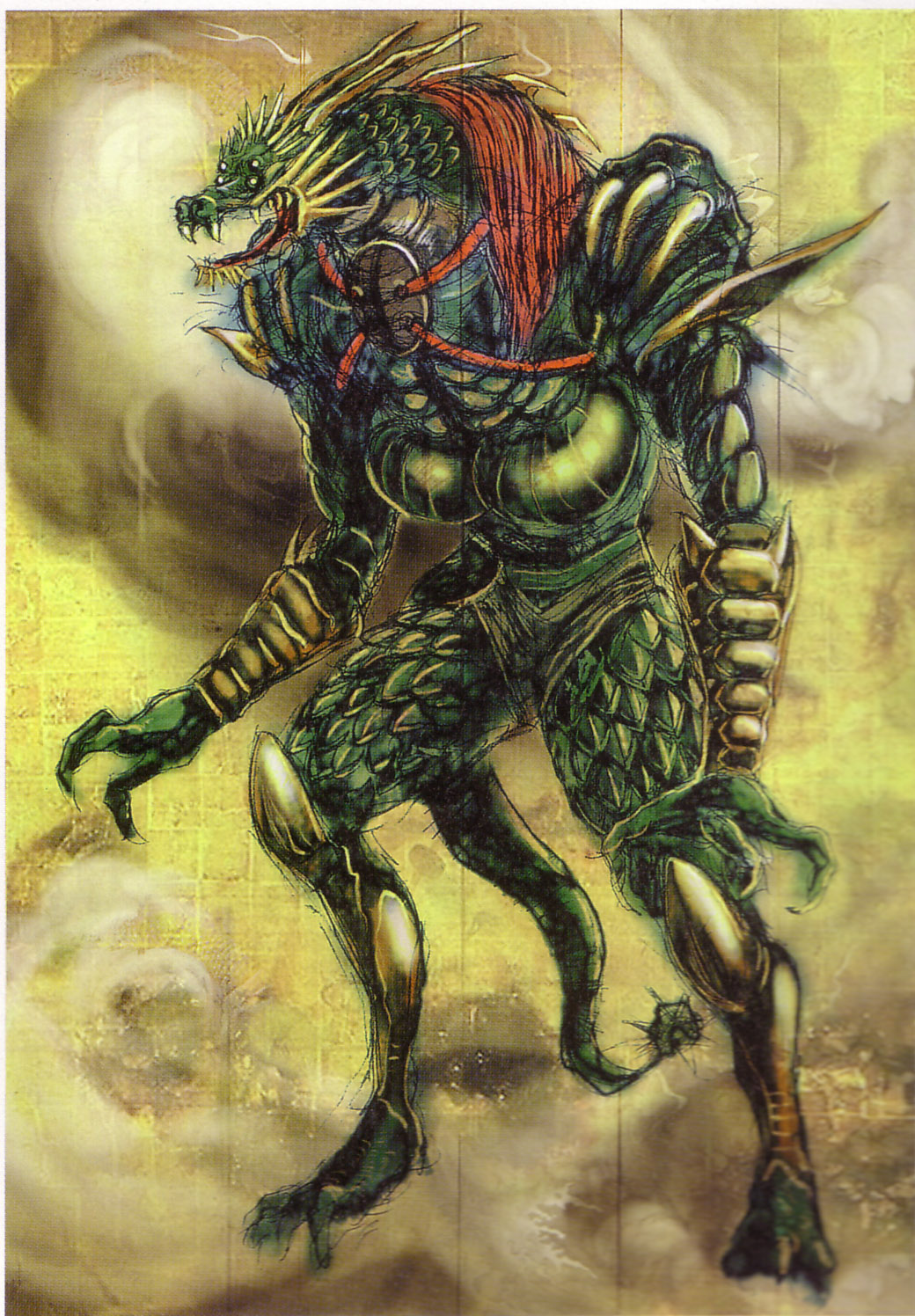 tsuchibayashi makoto, aomizuchi, sega, shinobi, shinobi (game), shinobi (ps2), concept art, highres, traditional media, armor, demon, dragon, fine art parody, monster, no humans, parody, shikigami