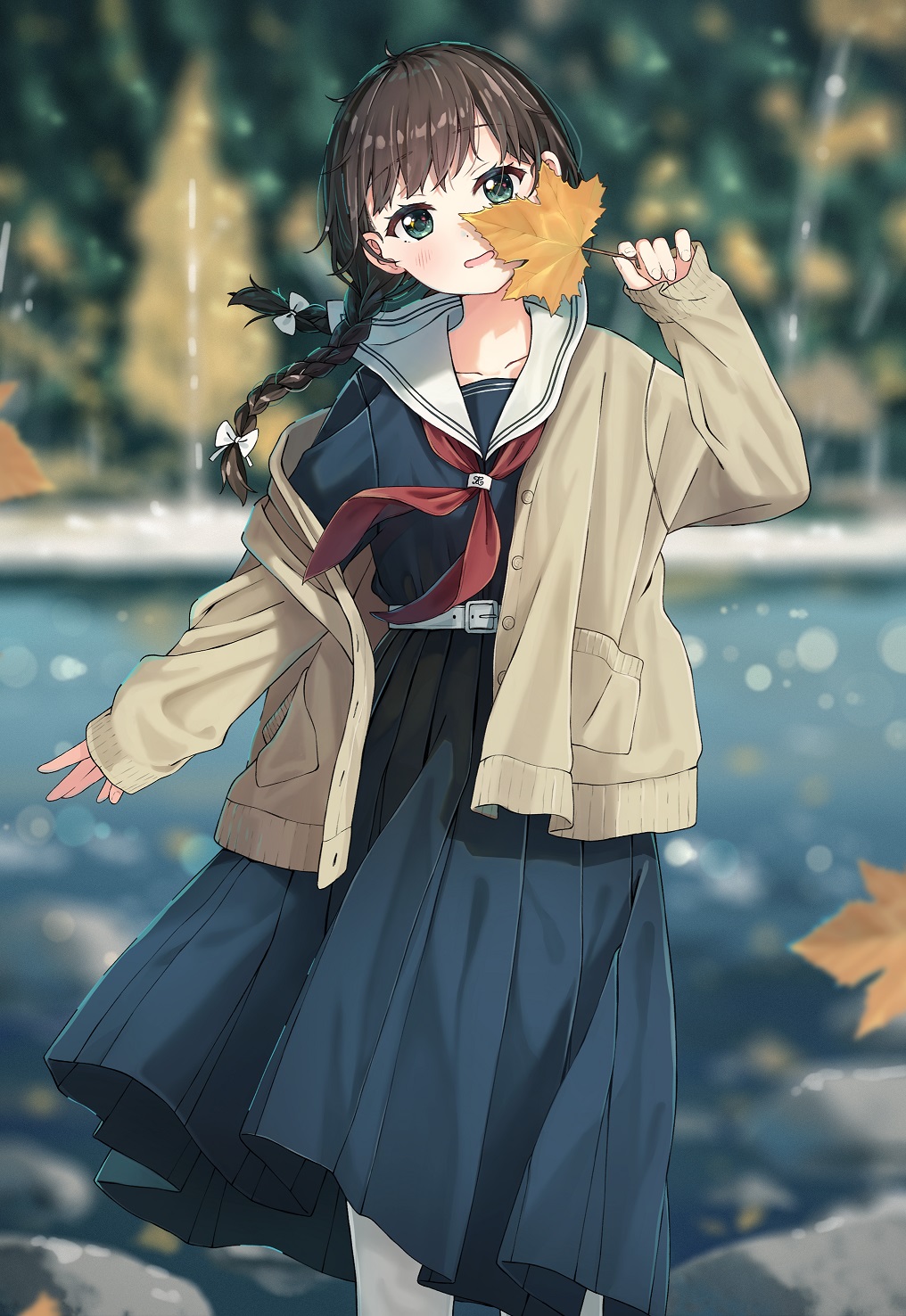 enuni, original, commentary request, highres, 1girl, black hair, black serafuku, black shirt, black skirt, blurry, blurry background, bow, braid, brown cardigan, cardigan, day, depth of field, green eyes, hair bow, hand up, head tilt, holding, holding leaf, leaf, long hair, long sleeves, looking at viewer, low twintails, neckerchief, open cardigan, open clothes, outdoors, pantyhose, pleated skirt, puffy long sleeves, puffy sleeves, red neckerchief, sailor collar, school uniform, serafuku, shirt, skirt, sleeves past wrists, solo, standing, twin braids, twintails, water, white bow, white pantyhose, white sailor collar