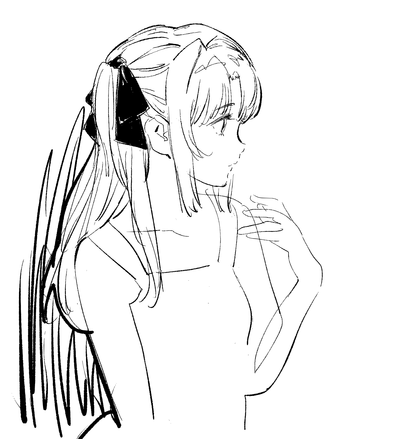 nazo no anime-dan, highres, 1girl, bare arms, closed mouth, dress, greyscale, hair ribbon, kamiina botan, kamiina botan yoeru sugata wa yuri no hana, monochrome, profile, ribbon, solo, two side up