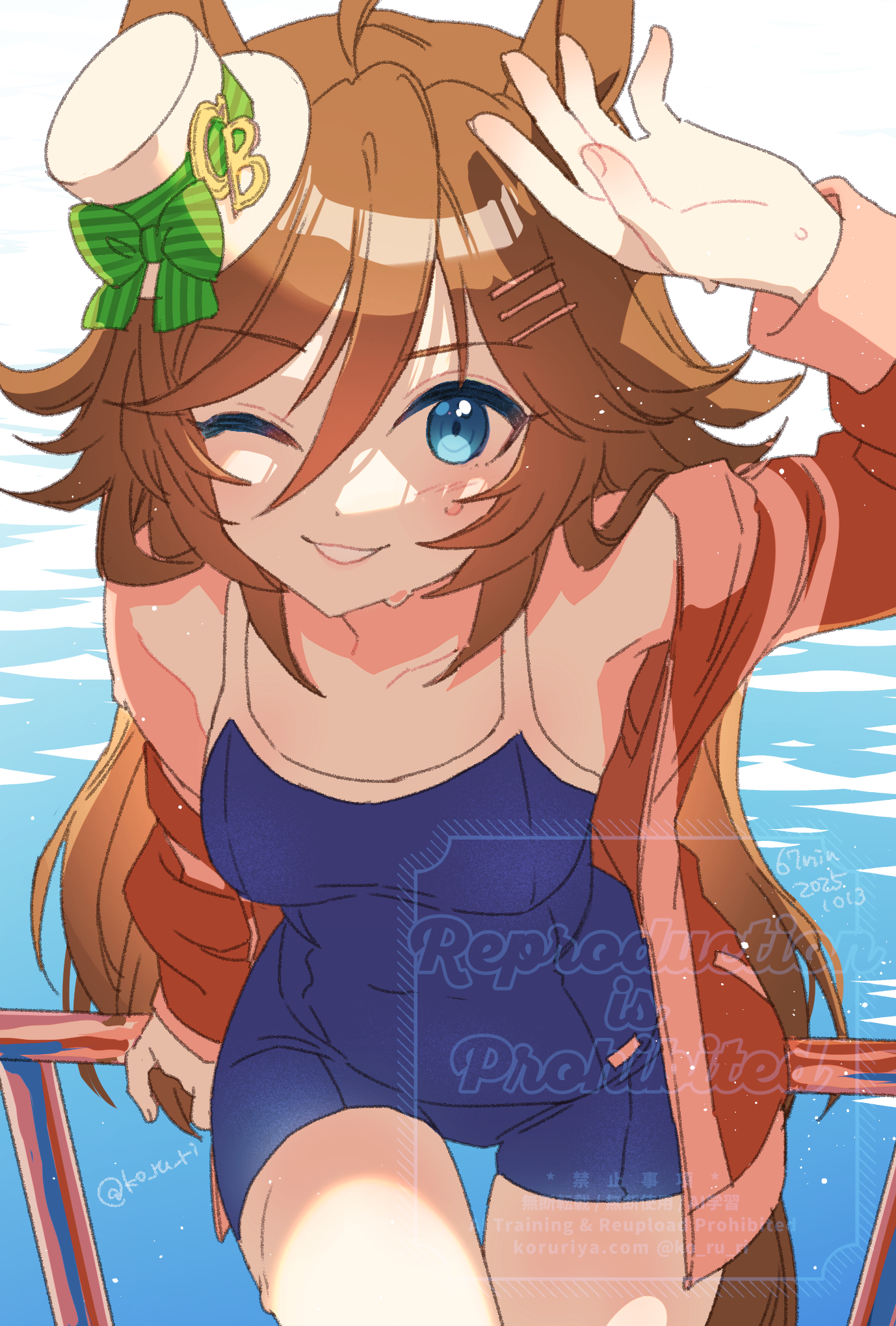 koruri, mr. c.b. (umamusume), umamusume, commentary request, highres, 1girl, ahoge, animal ears, bare shoulders, blue eyes, blue one-piece swimsuit, blush, breasts, brown hair, collarbone, competition school swimsuit, covered navel, hair between eyes, hair ornament, hairclip, hat, horse ears, horse girl, horse tail, jacket, long hair, long sleeves, looking at viewer, medium breasts, mini hat, mini top hat, navel, one-piece swimsuit, one eye closed, open clothes, open jacket, open mouth, red jacket, school swimsuit, smile, solo, swimsuit, tail, top hat, tracen swimsuit, tracen training uniform, track jacket, water, wet, white hat