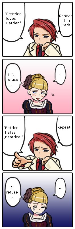 ikeda (cpt), beatrice (umineko), ushiromiya battler, umineko no naku koro ni, hard-translated, long image, non-web source, tall image, third-party edit, translated, 00s, 4koma, comic, english text, tears