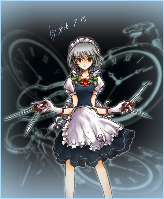 st06, izayoi sakuya, touhou, silver hair, bad id, bad pixiv id, 1girl, between fingers, braid, dress, female focus, gloves, gradient background, hairband, holding, knife, maid, pocket watch, short hair, solo, twin braids, watch