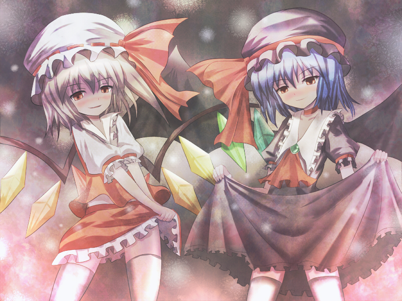non (nobu), flandre scarlet, remilia scarlet, touhou, 2girls, bat wings, blonde hair, blue hair, blush, female focus, hat, multiple girls, ponytail, red eyes, short hair, siblings, side ponytail, sisters, thighhighs, wings