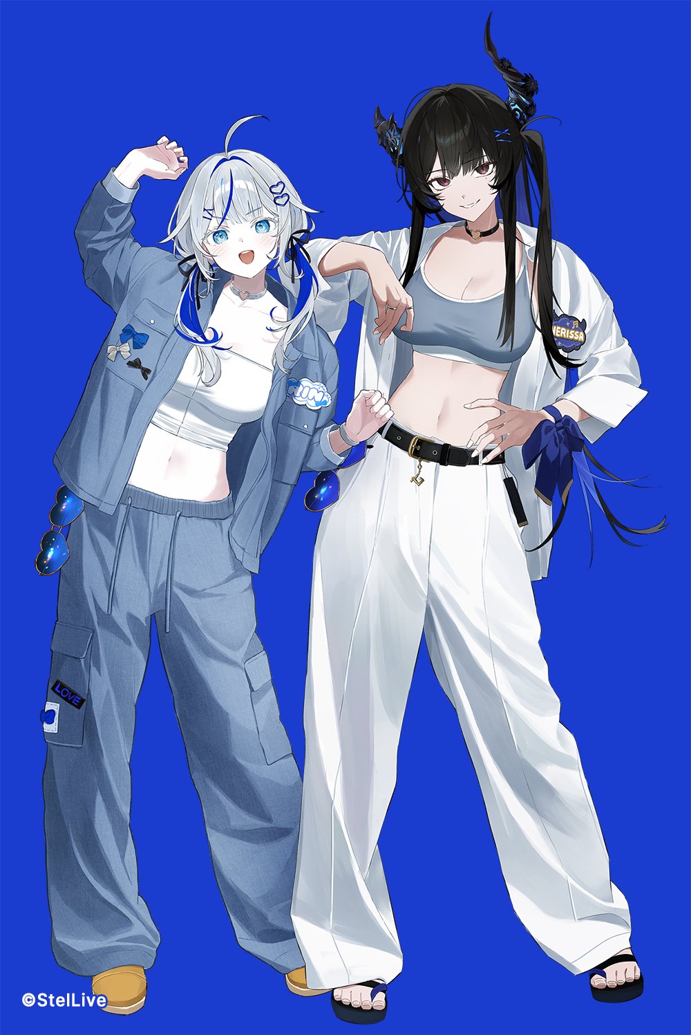 planetzer 0, aokumo rin, nerissa ravencroft, hololive, hololive english, stellive, commentary, english commentary, highres, official art, 2girls, :d, ahoge, arm on another's shoulder, arm up, asymmetrical horns, belt, black belt, black choker, black hair, blue background, blue eyes, blue hair, breasts, brown shoes, cargo pants, choker, colored inner hair, copyright name, cropped shirt, eyewear hang, flower, full body, grey hair, grey jacket, grey pants, grey sports bra, grin, hair intakes, hair ornament, hairclip, hand on own hip, heart, heart hair ornament, heart o-ring, horn flower, horns, jacket, large breasts, looking at viewer, low twintails, medium breasts, midriff, mole, mole under eye, multicolored hair, multiple girls, navel, o-ring, o-ring choker, open mouth, pants, sandals, shirt, shoes, sidelocks, simple background, smile, sports bra, streaked hair, twintails, uneven horns, unworn eyewear, virtual youtuber, white jacket, white pants, white shirt, x hair ornament