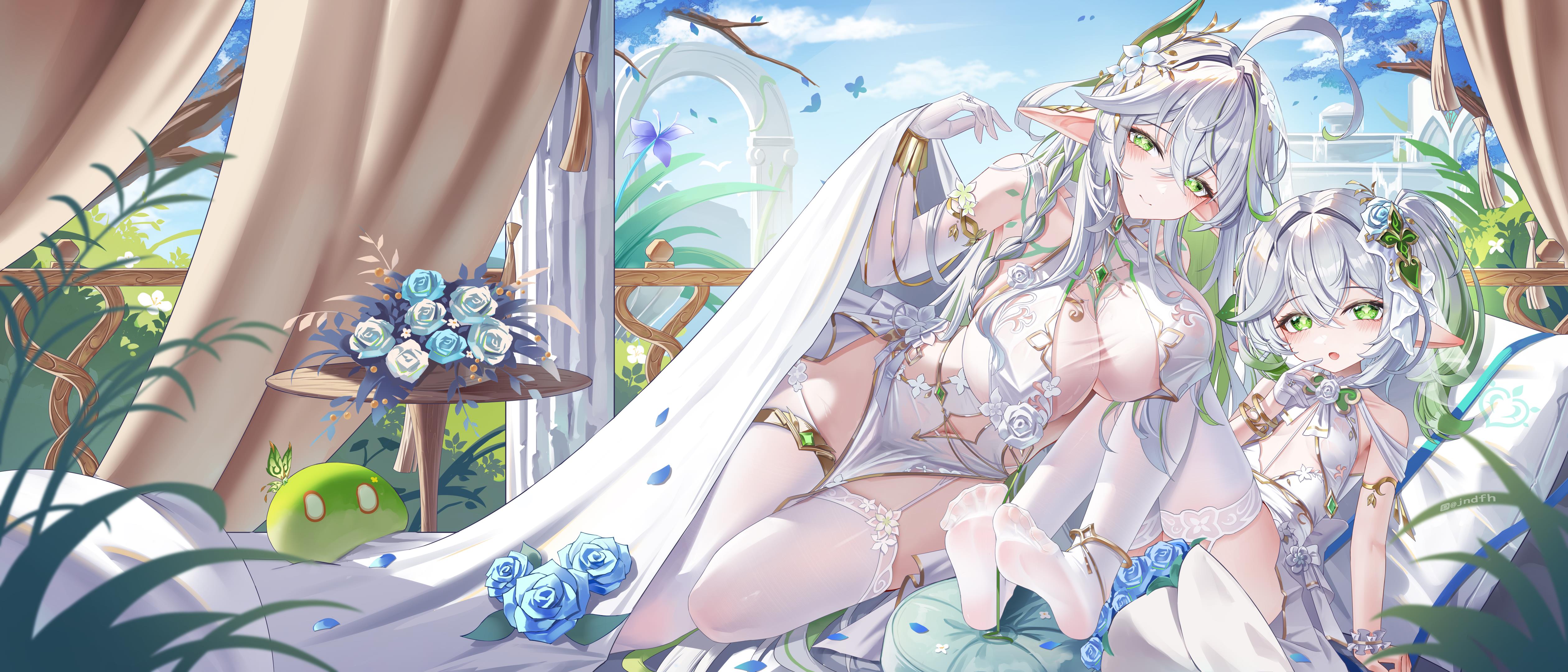 jndfh, crystalfly (genshin impact), dendro slime (genshin impact), nahida (genshin impact), rukkhadevata (genshin impact), slime (genshin impact), genshin impact, absurdres, chinese commentary, commentary request, highres, 2girls, ahoge, alternate breast size (larger), bare shoulders, blue flower, blush, bracelet, braid, breasts, cleavage, closed mouth, clothing cutout, collarbone, day, dress, elbow gloves, flower, garter straps, gloves, gradient hair, green eyes, green hair, hair between eyes, hair flower, hair ornament, hand up, jewelry, large breasts, leaf hair ornament, long hair, looking at viewer, multicolored hair, multiple girls, navel, navel cutout, open mouth, pelvic curtain, pointy ears, side ponytail, sitting, small breasts, smile, symbol-shaped pupils, table, thighhighs, thighlet, very long hair, white dress, white garter straps, white gloves, white hair, white thighhighs