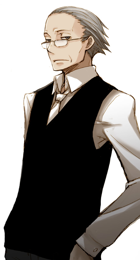 ayakura juu, luciano de lucca, ristorante paradiso, uniform, 00s, 1boy, glasses, grey hair, male focus, necktie, simple background, solo, white background