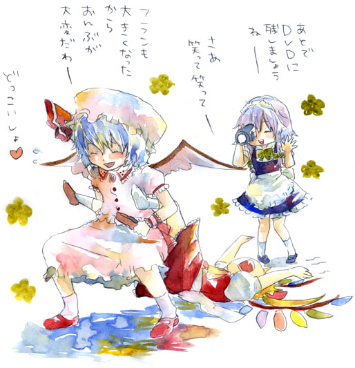 yaka (pixiv), flandre scarlet, izayoi sakuya, remilia scarlet, touhou, silver hair, bad id, bad pixiv id, inactive account, painting (medium), traditional media, translation request, watercolor (medium), 3girls, bat wings, blonde hair, blue hair, braid, camcorder, camera, dress, female focus, hairband, hat, maid, multiple girls, ponytail, red eyes, short hair, side ponytail, skirt, twin braids, video camera, white background, wings