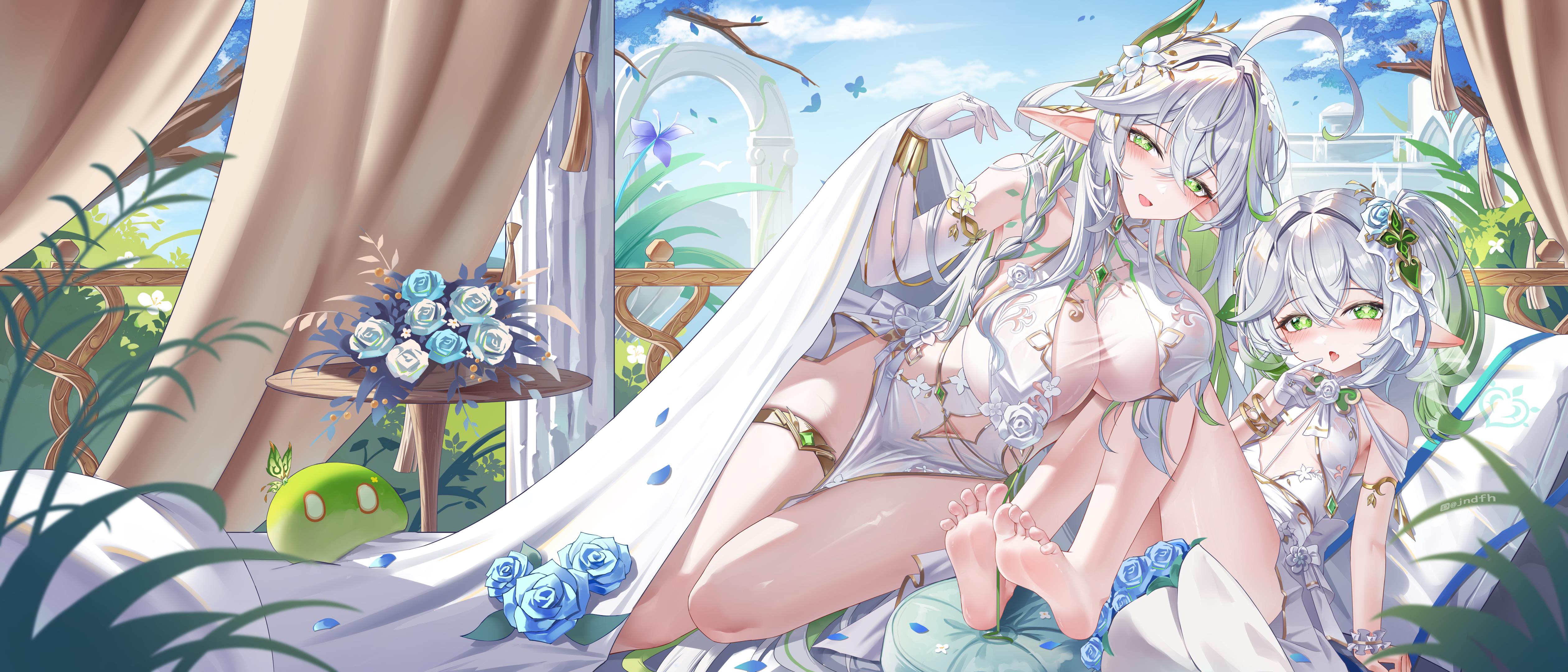 jndfh, dendro slime (genshin impact), nahida (genshin impact), rukkhadevata (genshin impact), slime (genshin impact), genshin impact, absurdres, chinese commentary, commentary request, highres, 2girls, ahoge, alternate breast size (larger), bare shoulders, blue flower, blush, bracelet, braid, breasts, cleavage, clothing cutout, collarbone, day, dress, elbow gloves, flower, gloves, gradient hair, green eyes, green hair, hair between eyes, hair flower, hair ornament, hand up, jewelry, large breasts, leaf hair ornament, long hair, looking at viewer, multicolored hair, multiple girls, navel, navel cutout, open mouth, pelvic curtain, pointy ears, side ponytail, sitting, small breasts, symbol-shaped pupils, table, thighlet, toes, tongue, tongue out, very long hair, white dress, white gloves, white hair