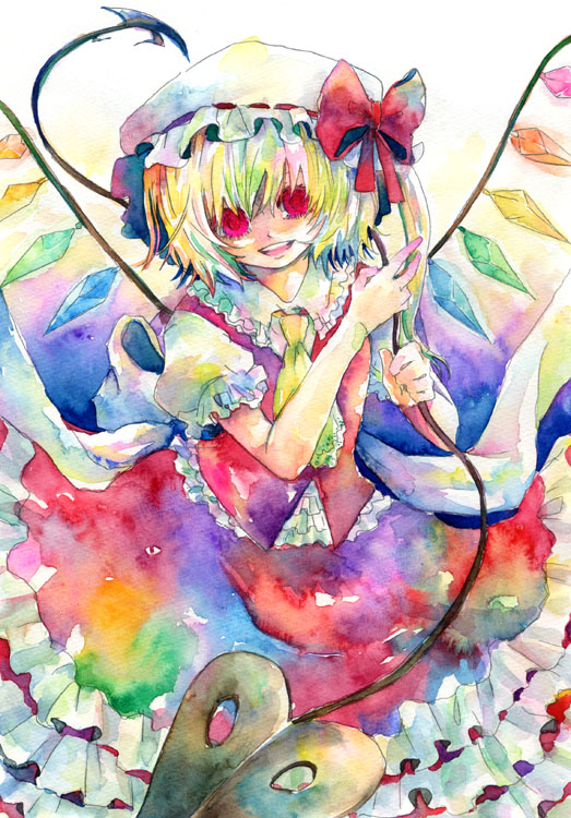 yaka (pixiv), flandre scarlet, touhou, bad id, bad pixiv id, inactive account, painting (medium), traditional media, watercolor (medium), 1girl, blonde hair, colorful, female focus, hat, one side up, ponytail, red eyes, short hair, side ponytail, solo, wings
